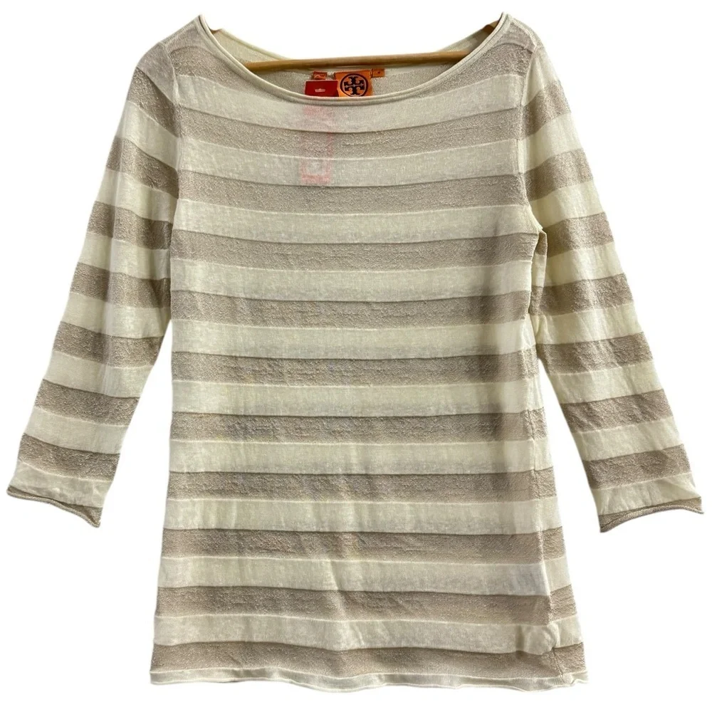 Tory Burch Metallic Stripe Knit Top Women’s M Beige Ivory 3/4 Sleeve NWT